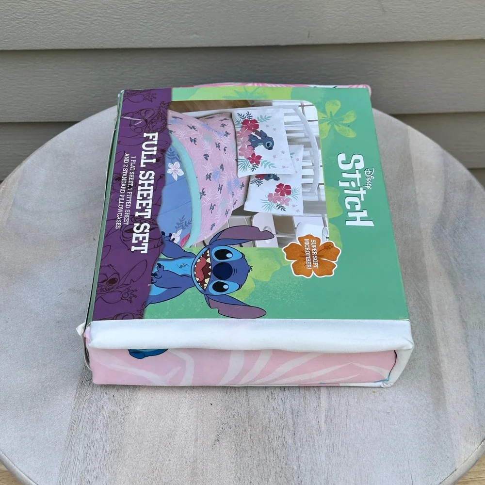 Disney Stitch Full Sheet Set Pink Teal Floral Tropical 4 Piece Microfiber New
